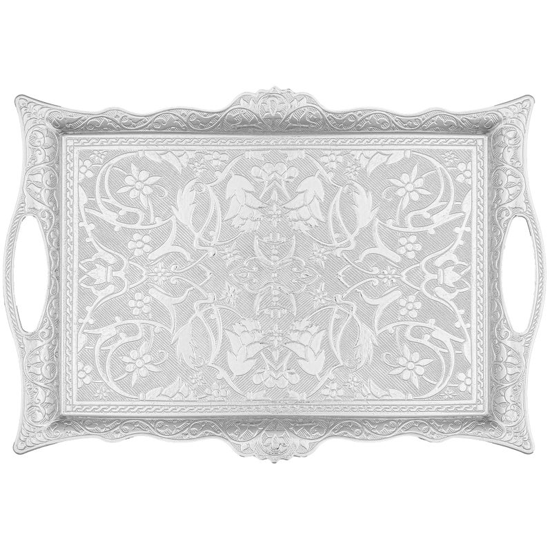Alisveristime Ottoman Turkish Zamak Serving Tray with Traditional Motifs, Ideal for Coffee and Tea - Six Person Tray (14.5 x 9.85 in) (Silver) - Image 1